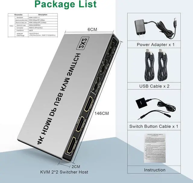 Alt view image 6 of 7 - Dual Monitor HDMI Displayport KVM Switch, 2 Port Extended Display 2 in 2 Out KVM Switch, UHD 4K@60Hz RGB 4:4:4, USB Hub, Audio, Button Switching, DP HDMI KVM Switcher for 2 Computers 2 Monitors