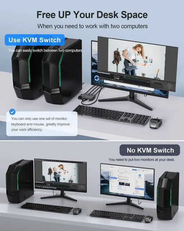 Alt view image 3 of 7 - 2 Port HDMI KVM Switch, 4K@60Hz KVM Switch 1 Monitors 2 Computers, HDMI KVM Switches for 2 Computers Sharing 1 Monitor and Keyboard Mouse, Button Switch, Plug and Play, 2 HD-MI Cables and 2 USB Cables
