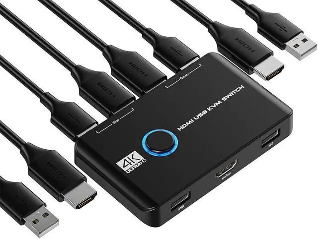 Main image of 2 Port HDMI KVM Switch, 4K@60Hz KVM Switch 1 Monitors 2 Computers, HDMI KVM Switches for 2 Computers Sharing 1 Monitor and Keyboard Mouse, Button Switch, Plug and Play, 2 HD-MI Cables and 2 USB Cables