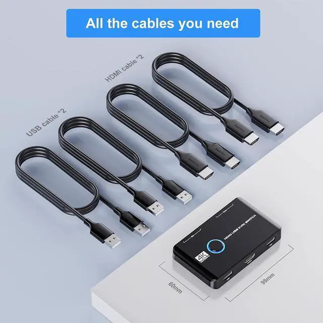 Alt view image 7 of 7 - 2 Port HDMI KVM Switch, 4K@60Hz KVM Switch 1 Monitors 2 Computers, HDMI KVM Switches for 2 Computers Sharing 1 Monitor and Keyboard Mouse, Button Switch, Plug and Play, 2 HD-MI Cables and 2 USB Cables