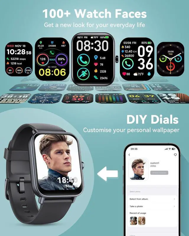 Alt view image 7 of 7 - Smart Watch for Men Women, 1.8 Inch Fitness Watch with Bluetooth Call/Alexa Voice for IOS Android Phone, Activity Tracker with 100+ Sports, Steps/Calorie/SpO2/Heart Rate/Sleep Monitor, IP68 Waterproof