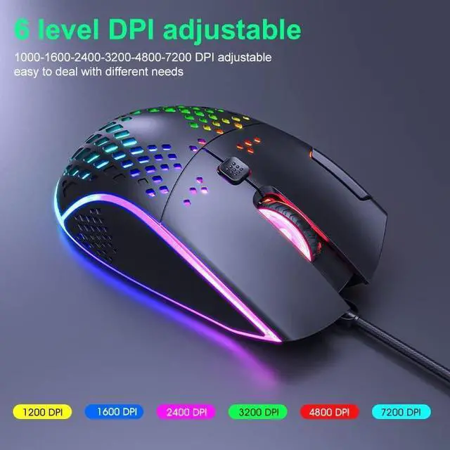 Alt view image 5 of 7 - USB Wired Gaming Mouse, 7 Buttons Gaming Mice, RGB Backlight and 6 Adjustable DPI (1200/1600/2400/3200/4800/7200dpi), Ergonomic and Lightweight USB Computer Mouse with High Precision Sensor