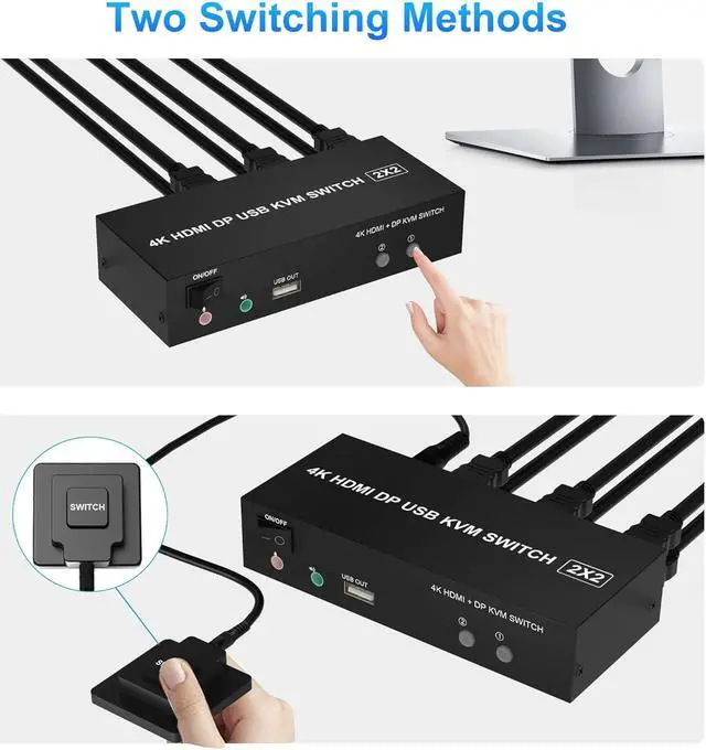 Alt view image 6 of 7 - Dual Monitor HDMI + DP KVM Switch 2x2, DisplayPort and HDMI 4K@60Hz Extended Display KVM Switch 2 Monitors 2 Computers with Audio Microphone Output and 3 USB Ports, PC Monitor Keyboard Mouse Switcher