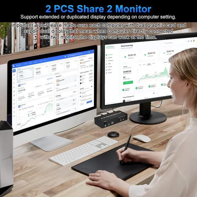 Alt view image 5 of 7 - Dual Monitor HDMI + DP KVM Switch 2x2, DisplayPort and HDMI 4K@60Hz Extended Display KVM Switch 2 Monitors 2 Computers with Audio Microphone Output and 3 USB Ports, PC Monitor Keyboard Mouse Switcher