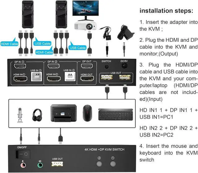 Alt view image 2 of 7 - Dual Monitor HDMI + DP KVM Switch 2x2, DisplayPort and HDMI 4K@60Hz Extended Display KVM Switch 2 Monitors 2 Computers with Audio Microphone Output and 3 USB Ports, PC Monitor Keyboard Mouse Switcher