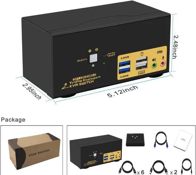 Alt view image 6 of 6 - 2 Port USB 3.0 Triple Monitor Displayport KVM Switch, Displayport 1.4 Support 8K@30Hz 4K@144Hz, DP KVM Switch 2 Computers 3 Monitors Video Keyboard Mouse Peripheral Audio Sharing Selector with Cables