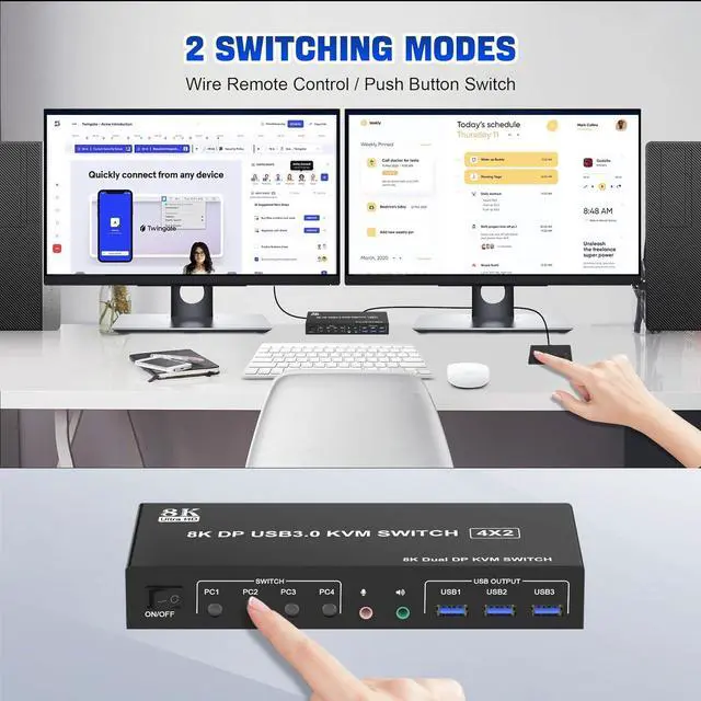 Alt view image 6 of 7 - 8K@60Hz USB 3.0 Displayport KVM Switch 2 Monitors 4 Computers, Dual Monitor Displayport KVM Switch 4 in 2 Out with Audio Output and 3 USB 3.0 Ports, 4 Port 8K DP Monitor Switch for 4 PCs 2 Monitors