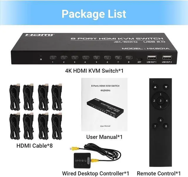 Alt view image 7 of 7 - 8 Port HDMI KVM Switch 8 in 1 Out, 4K @60Hz HDMI KVM Switch for 8 PCs Share 1 Monitor and 4 USB Devices, Including 8 HDMI KVM Cables and IR Remote Control