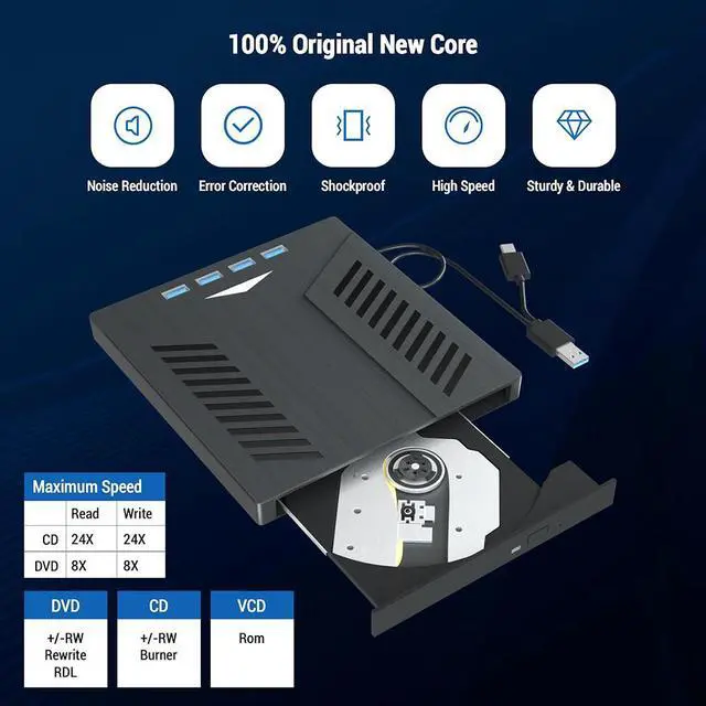 Alt view image 3 of 7 - 7-in-1 External CD DVD Drive for Laptop, USB 3.0 Type C CD DVD Player Burner with 2 SD Card Slots 4 USB Ports, Portable Slim CD DVD ROM for Desktop PC Compatible with Laptop PC Linux Windows Mac OS