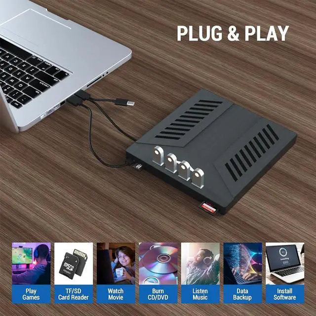 Alt view image 4 of 7 - 7-in-1 External CD DVD Drive for Laptop, USB 3.0 Type C CD DVD Player Burner with 2 SD Card Slots 4 USB Ports, Portable Slim CD DVD ROM for Desktop PC Compatible with Laptop PC Linux Windows Mac OS