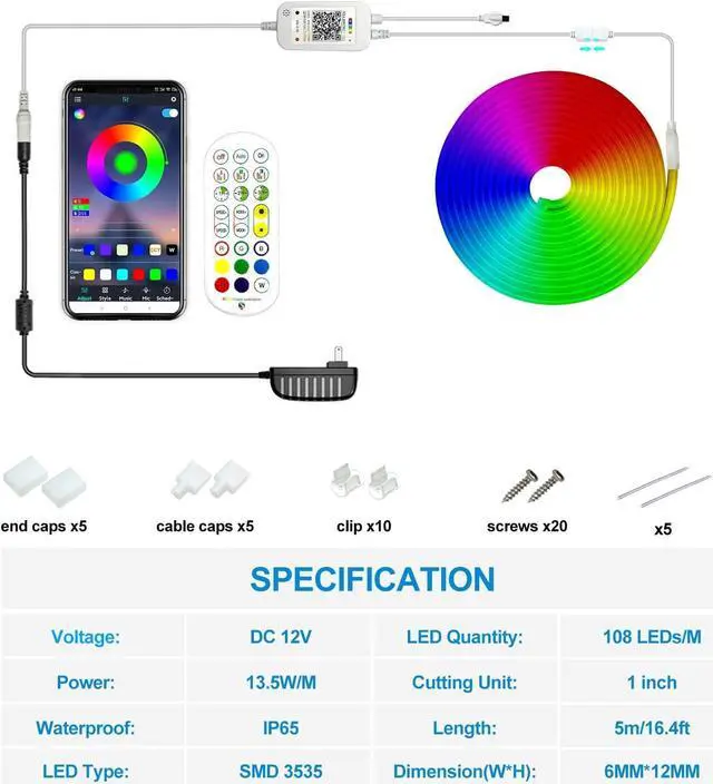 Alt view image 4 of 7 - LED Neon Lights,16.4ft / 5M LED RGB Neon Light Strip, Neon Rope Light with Remote APP Control, IP65 Waterproof Flexible Neon LED Strip Lights for Bedroom Room Outdoors Decor