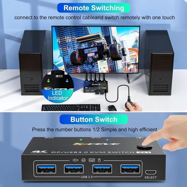 Alt view image 4 of 7 - 2 Port Displayport KVM Switch, USB 3.0 DP KVM Switch 2 in 1 Out 3440x1440@144Hz,3840x2160@60Hz for 2 Computers Share 1 Monitor and 4 USB 3.0 Devices with 2 USB 3.0 Cables and Wired Controller