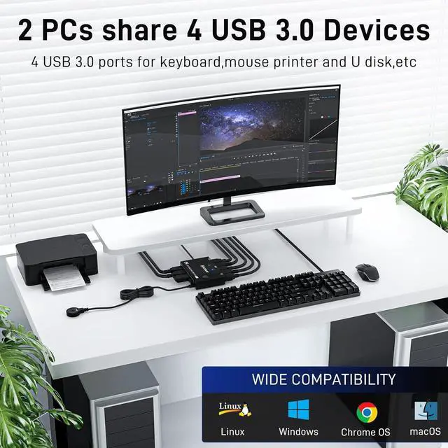 Alt view image 7 of 7 - 2 Port Displayport KVM Switch, USB 3.0 DP KVM Switch 2 in 1 Out 3440x1440@144Hz,3840x2160@60Hz for 2 Computers Share 1 Monitor and 4 USB 3.0 Devices with 2 USB 3.0 Cables and Wired Controller