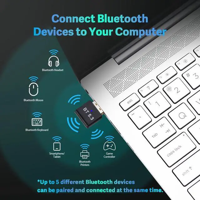 Alt view image 3 of 7 - Latest USB Bluetooth 5.3 Adapter for PC Desktop, Mini 5.3 Bluetooth Wireless Dongle for Windows 11/10/8.1/7 Computer Laptop, Pair w/Bluetooth Headset Speaker Keyboard Mouse Printers, Plug & Play