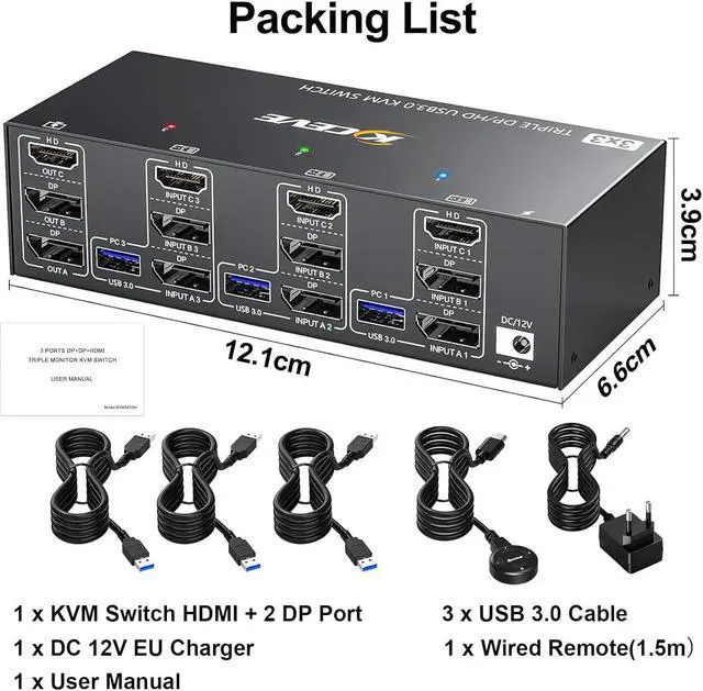 Alt view image 7 of 7 - USB 3.0 KVM Switch 3 PC 3 Monitors, [2 Displayport + HDMI] Triple Monitors KVM Switch, 8K@ 60Hz KVM Switch 4K@144Hz, KVM Switch Displayport 1.4 + HDMI 2.1 for 3 PC Share 3 Display and 4 USB 3.0 Device