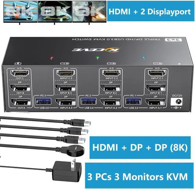 Main image of USB 3.0 KVM Switch 3 PC 3 Monitors, [2 Displayport + HDMI] Triple Monitors KVM Switch, 8K@ 60Hz KVM Switch 4K@144Hz, KVM Switch Displayport 1.4 + HDMI 2.1 for 3 PC Share 3 Display and 4 USB 3.0 Device
