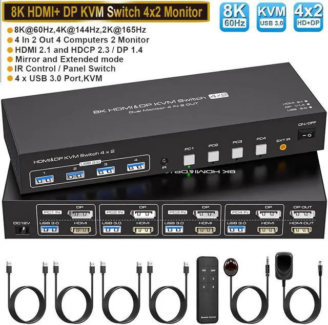 Main image of Dual Monitor HDMI + Displayport KVM Switch for 4 Computers 2 Monitors 8K@60Hz 4K@120Hz 4 Port KVM Switches Support 4 PCs Share 4 USB Devices Support Copy and Extend Mode with External Accessories