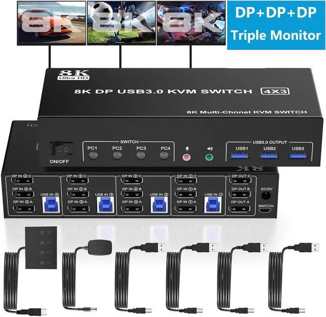 Main image of 8K Displayport USB 3.0 KVM Switch 3 Monitors 4 Computers, DP+DP+DP Triple Monitor KVM Switch with Audio Microphone Output and 3 USB 3.0 Ports, 8K DP1.4 KVM Triple Monitor Keyboard Mouse Switcher