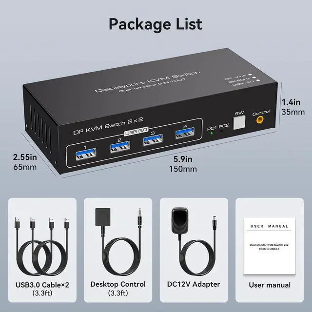 Alt view image 7 of 7 - Dual Monitor Displayport KVM Switch, 8K@60Hz/4K@120Hz USB 3.0 DP 1.4 KVM Switcher for 2 Computers Share 2 Monitors and 4 USB Devices Support Extended & Copy Mode Wired Controller 2 USB Cables Included