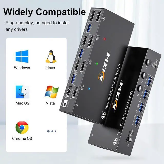 Alt view image 7 of 7 - 8K Displayport KVM Switch 2 Monitors 3 Computers 8K@60Hz 4K@144Hz, Dual Monitor KVM Switch Displayport with 4 USB 3.0 Ports for USB Devices, Wired Remote and 12V Power Adapter Included