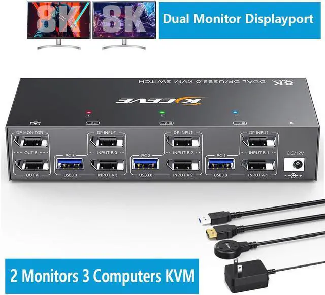 Main image of 8K Displayport KVM Switch 2 Monitors 3 Computers 8K@60Hz 4K@144Hz, Dual Monitor KVM Switch Displayport with 4 USB 3.0 Ports for USB Devices, Wired Remote and 12V Power Adapter Included