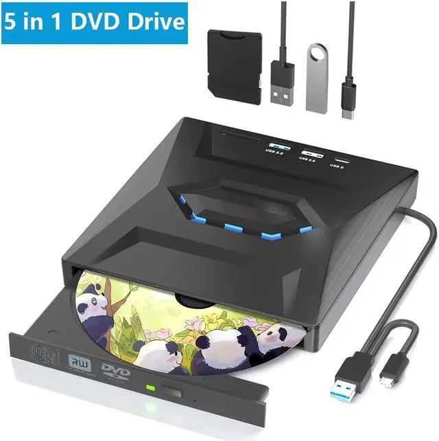 Main image of 5 In 1 External CD DVD Drive for Laptop,Type-C USB 3.0 Portable CD DVD Burner Rewriter with SD Slot & 2 USB Ports, 8X DVD 24X CD Fast Speed CD/DVD Drive Reader for Laptop PC MacOS Linux Windows