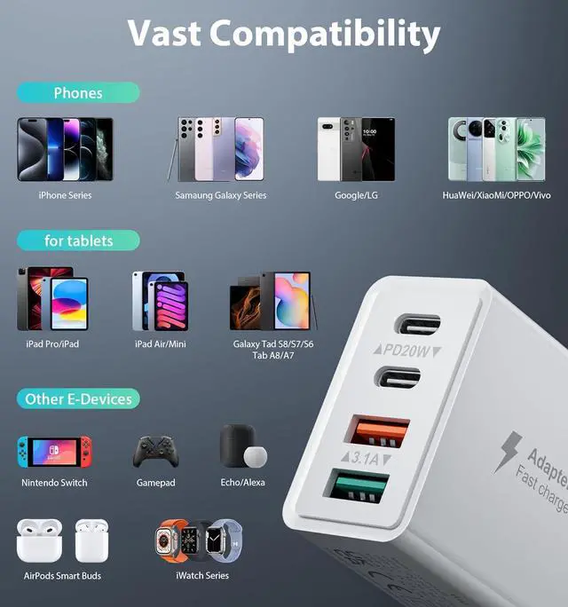 Alt view image 5 of 6 - 40W USB C Charger Cube Wall Charger, [2-Pack] Wall Plug Fast Charging Block, 4-Port PD + QC Power Adapter Multiport Brick Type C Box for i-Phone 15/14/13/12/11/Pro Max/XS/XR/8/7, Tablets, Cellphones