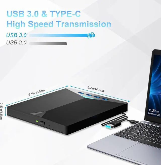 Alt view image 3 of 7 - External CD DVD Drive, USB 3.0 Type-C DVD/CD+/-RW Burner Drive with Breathing Light with Colour Changing, 7 in 1 External Optical Drive with 4 USB Port & SD TF Slot for Windows 11/10/8/7 Linux Mac OS