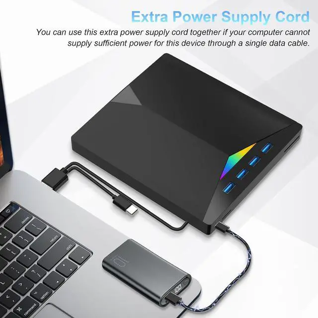 Alt view image 4 of 7 - External CD DVD Drive, USB 3.0 Type-C DVD/CD+/-RW Burner Drive with Breathing Light with Colour Changing, 7 in 1 External Optical Drive with 4 USB Port & SD TF Slot for Windows 11/10/8/7 Linux Mac OS
