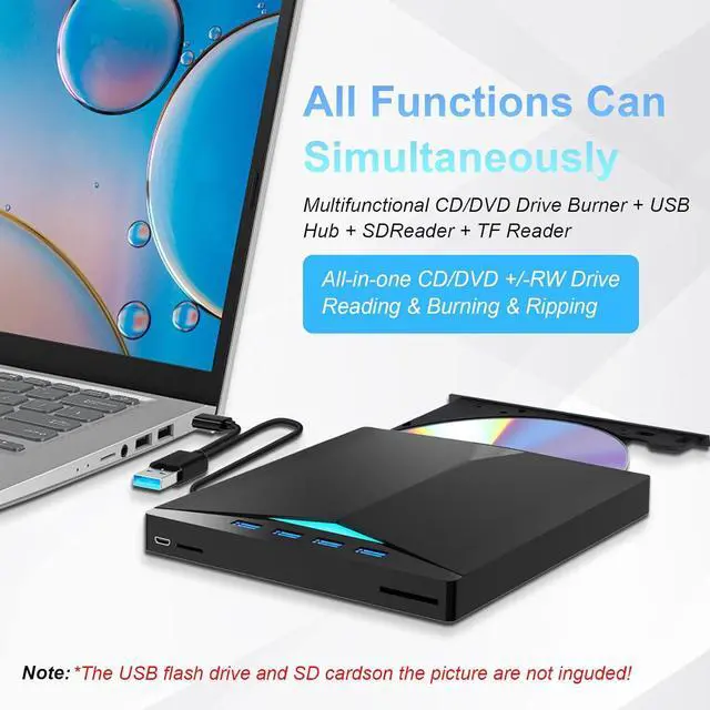 Alt view image 2 of 7 - External CD DVD Drive, USB 3.0 Type-C DVD/CD+/-RW Burner Drive with Breathing Light with Colour Changing, 7 in 1 External Optical Drive with 4 USB Port & SD TF Slot for Windows 11/10/8/7 Linux Mac OS