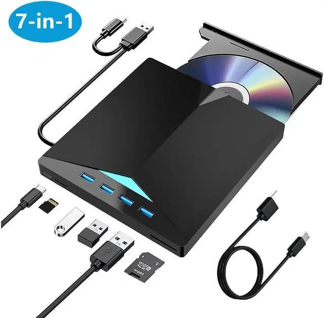 Main image of External CD DVD Drive, USB 3.0 Type-C DVD/CD+/-RW Burner Drive with Breathing Light with Colour Changing, 7 in 1 External Optical Drive with 4 USB Port & SD TF Slot for Windows 11/10/8/7 Linux Mac OS