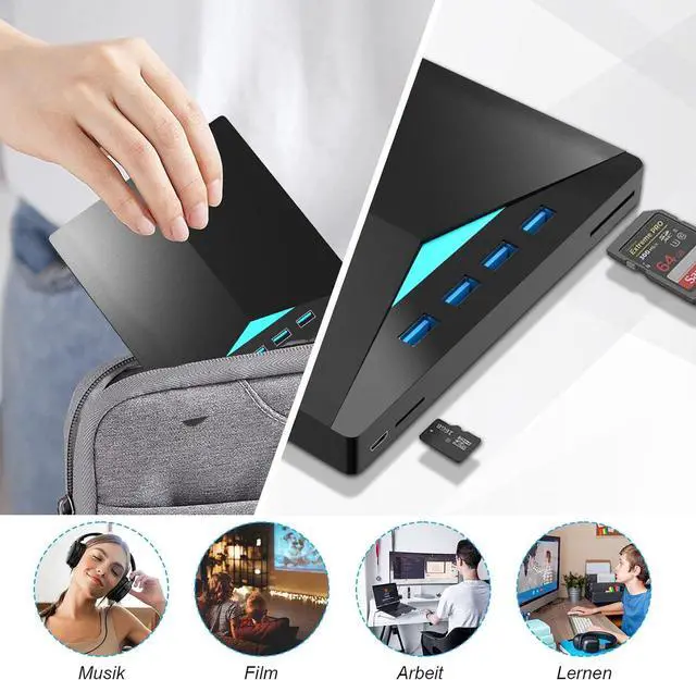 Alt view image 6 of 7 - External CD DVD Drive, USB 3.0 Type-C DVD/CD+/-RW Burner Drive with Breathing Light with Colour Changing, 7 in 1 External Optical Drive with 4 USB Port & SD TF Slot for Windows 11/10/8/7 Linux Mac OS