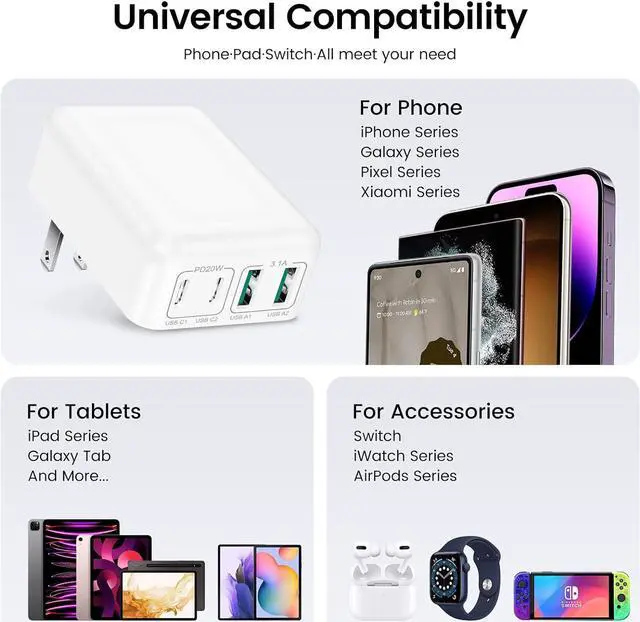 Alt view image 7 of 7 - 40W USB C Charger Block, Flat USB C Wall Charger Slim Dual Port [2 USB A & 2 Type C] Fast Charging Blocks Box Brick, Multiport PD USB Wall Plug Foldable for i-Phone 15 Pro/Tablet/Android Smartphones