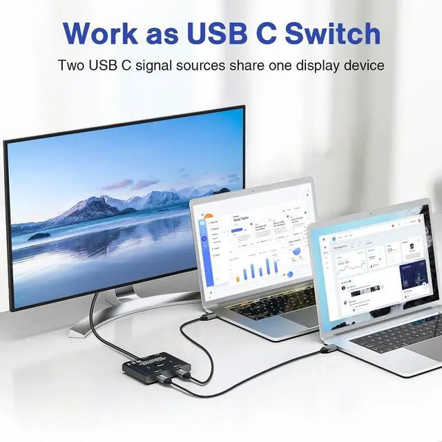 Alt view image 2 of 7 - USB C Switch, Bi-Directional USB C Switcher for 2 Laptops, USB Type C KVM Switch 8K@60Hz 4K@120Hz Video/10Gbps Data Transfer/100W Charging, 2 USB-C Cables and Remote Controller Included