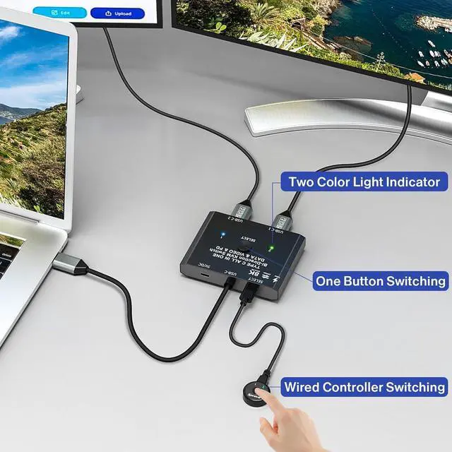 Alt view image 5 of 7 - USB C Switch, Bi-Directional USB C Switcher for 2 Laptops, USB Type C KVM Switch 8K@60Hz 4K@120Hz Video/10Gbps Data Transfer/100W Charging, 2 USB-C Cables and Remote Controller Included