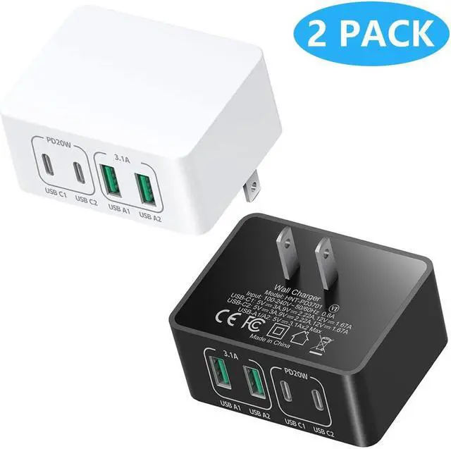 Main image of SMA [2 PACK] Flat USB C Wall Charger Plug, 4 Ports Total 40W USB C Fast Charging Block Multi USB-A & USB-C Ports Charger Block, QC +PD 3.0 Power Adapter Type C Wall Plug for iPhone Android Cellphones