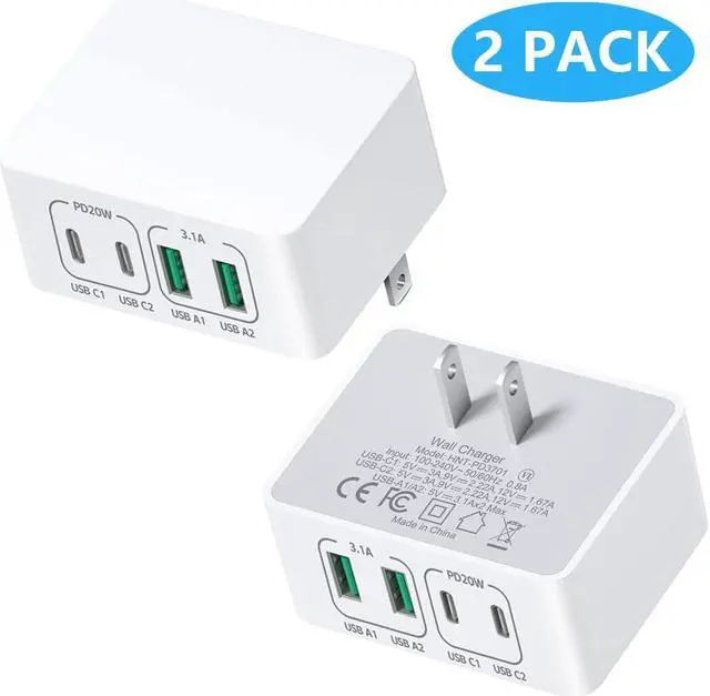 Main image of SMA [2 PACK] Flat USB C Wall Charger Plug, 4 Ports Total 40W USB C Fast Charging Block Multi USB-A & USB-C Ports Charger Block, QC +PD 3.0 Power Adapter Type C Wall Plug for iPhone Android Cellphones