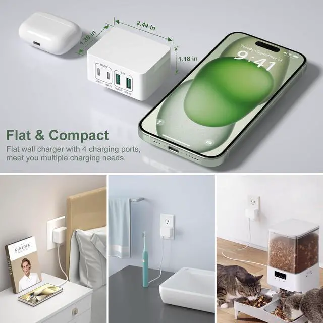 Alt view image 3 of 7 - SMA [2 PACK] Flat USB C Wall Charger Plug, 4 Ports Total 40W USB C Fast Charging Block Multi USB-A & USB-C Ports Charger Block, QC +PD 3.0 Power Adapter Type C Wall Plug for iPhone Android Cellphones