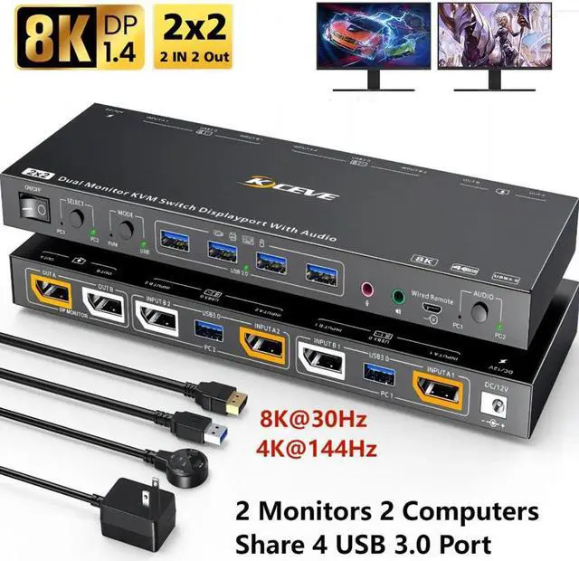 Main image of SMA USB 3.0 Displayport KVM Switch 2 Monitors 2 Computers 8K@30Hz 4K@144Hz, Dual Monitor Displayport1.4 KVM Switches with Audio and 4 USB3.0 Port for USB Device,Wired Remote and USB3.0 Cables Included