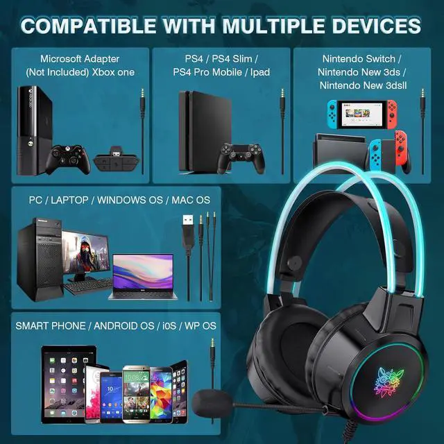 Alt view image 6 of 7 - SMA Lightweight Gaming Headset, RGB Lighting, Wired Over-Ear Headphones with Noise Canceling Mic for PC/PS4/PS5/XBOX/Switch, Virtual Surround Sound, Auto-Adjustabe Headband & Comfortable Ear Cups