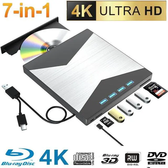 Main image of SMA External Blu Ray Drive, [7 in 1] 4K Portable Blu Ray Burner USB 3.0 Type-C UHD BD Player with SD/TF Port, CD/DVD Burner R/W 3D Blu Ray Drive, External CD/DVD Drive Compatible with Windows MacOS