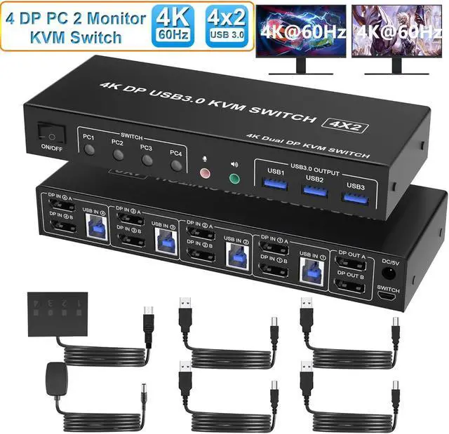 Main image of SMA Displayport KVM Switch 2 Monitors 4 Computers 4K@60Hz, Dual Monitor Displayport USB 3.0 KVM Switch with Audio Microphone Output and 3 USB 3.0 Ports, DP Monitor KVM switch for 4 PCs 2 Monitors