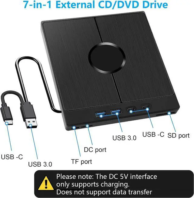 Alt view image 4 of 7 - SMA [7 in 1] External DVD Drive, USB 3.0 Type C External CD/DVD Drive with 2 USB A & 2 USB C Ports and SD/TF Solts, Portable DVD RW Burner Optical Drive for laptop,PC Windows 11/10/8/7/XP/Linux, MacOS