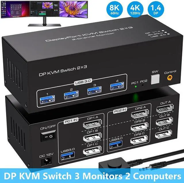 Main image of SMA 8K 60Hz Displayport KVM Switch 3 Monitors 2 Computers 4K@144Hz, USB 3.0 KVM Switches DP 1.4 Triple Monitor Switch for 2 Computers with 4 USB3.0 Ports Support Extended & Copy Mode, Wired Controller