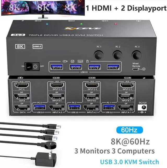 Main image of SMA KVM Switch 3 Monitors 3 Computers 8K@60Hz 4K@144Hz, HDMI+2 Displayport USB 3.0 KVM Switch Triple Monitor for 3 Computer Share 3 Monitor and 4 USB 3.0 Devices, Wired Remote & Power Adapter Included