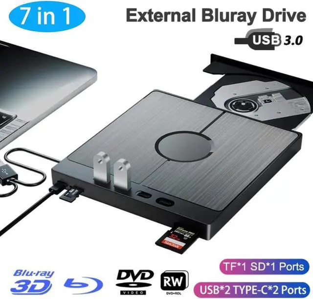Main image of SMA [7 in 1] External Bluray Drive, USB 3.0 Type-C 3D Blu-ray DVD Burner Slim Optical Drive External Bluray CD/DVD Burner with SD/TF Card Ports, Compatible with Windows XP/7/8/10/11 Mac Laptop Desktop