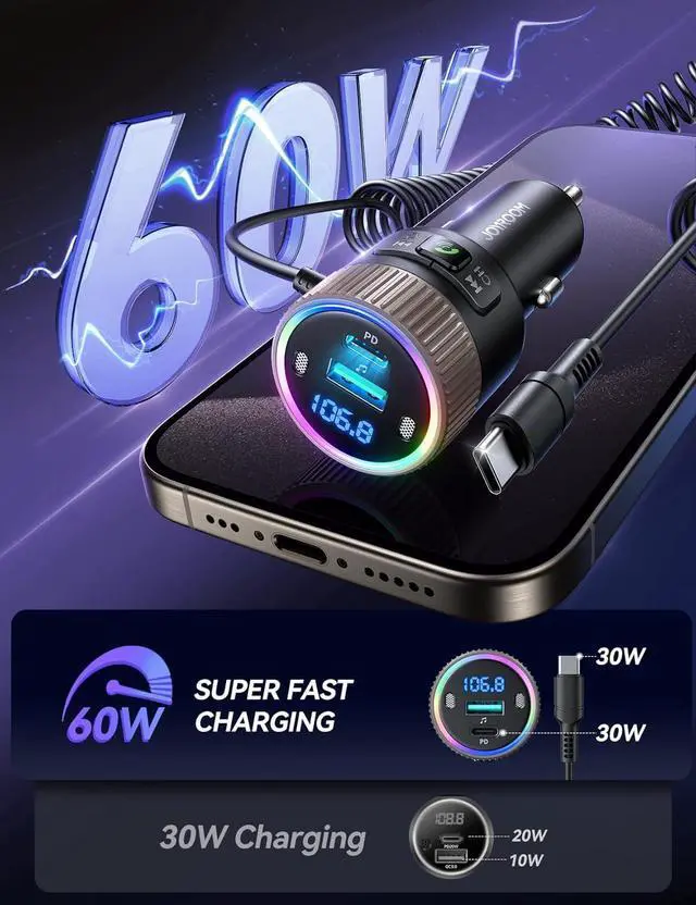 Alt view image 3 of 7 - SMA Bluetooth 5.4 Car Adapter 60W FM Transmitter PD 30W & Type C Coiled Cable 30W Wireless Radio Music Player Hands-Free Call USB C Cigarette Lighter Adapter Support USB Drive-A Must for Family Travel