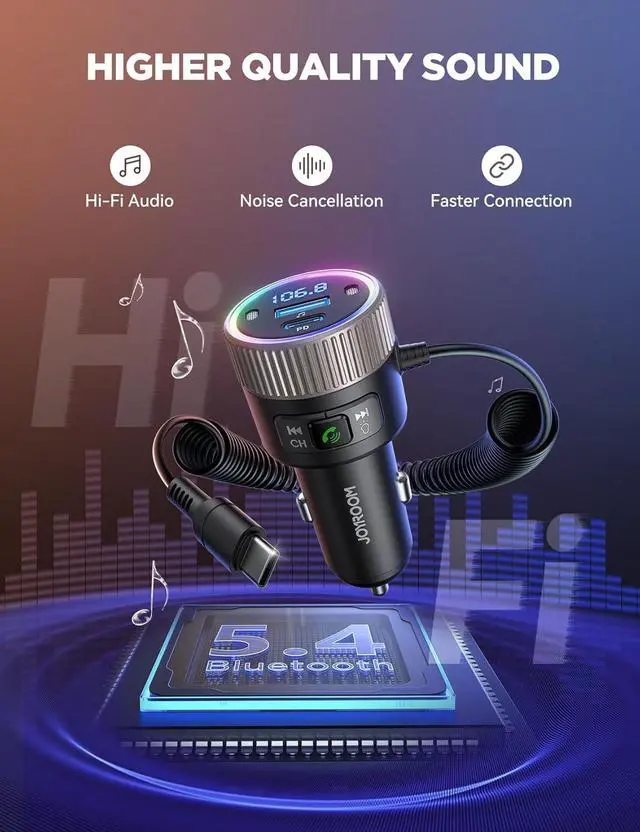Alt view image 2 of 7 - SMA Bluetooth 5.4 Car Adapter 60W FM Transmitter PD 30W & Type C Coiled Cable 30W Wireless Radio Music Player Hands-Free Call USB C Cigarette Lighter Adapter Support USB Drive-A Must for Family Travel