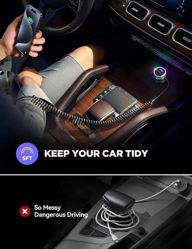 Alt view image 5 of 7 - SMA Bluetooth 5.4 Car Adapter 60W FM Transmitter PD 30W & Type C Coiled Cable 30W Wireless Radio Music Player Hands-Free Call USB C Cigarette Lighter Adapter Support USB Drive-A Must for Family Travel