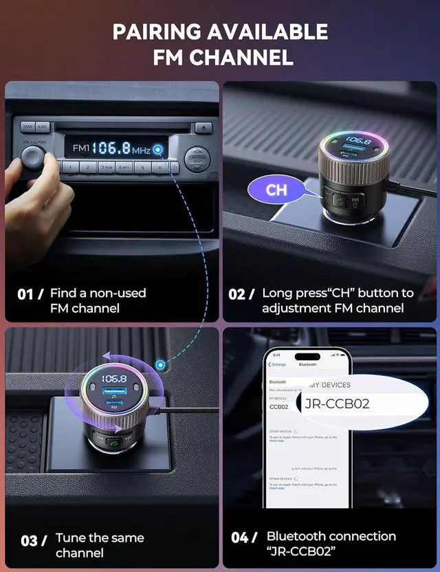 Alt view image 7 of 7 - SMA Bluetooth 5.4 Car Adapter 60W FM Transmitter PD 30W & Type C Coiled Cable 30W Wireless Radio Music Player Hands-Free Call USB C Cigarette Lighter Adapter Support USB Drive-A Must for Family Travel
